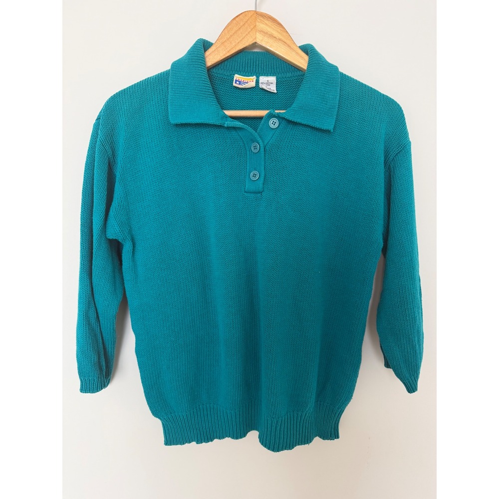 American Weekend Polo Sweater Womens Small Teal Blue Knit Vintage Excellent